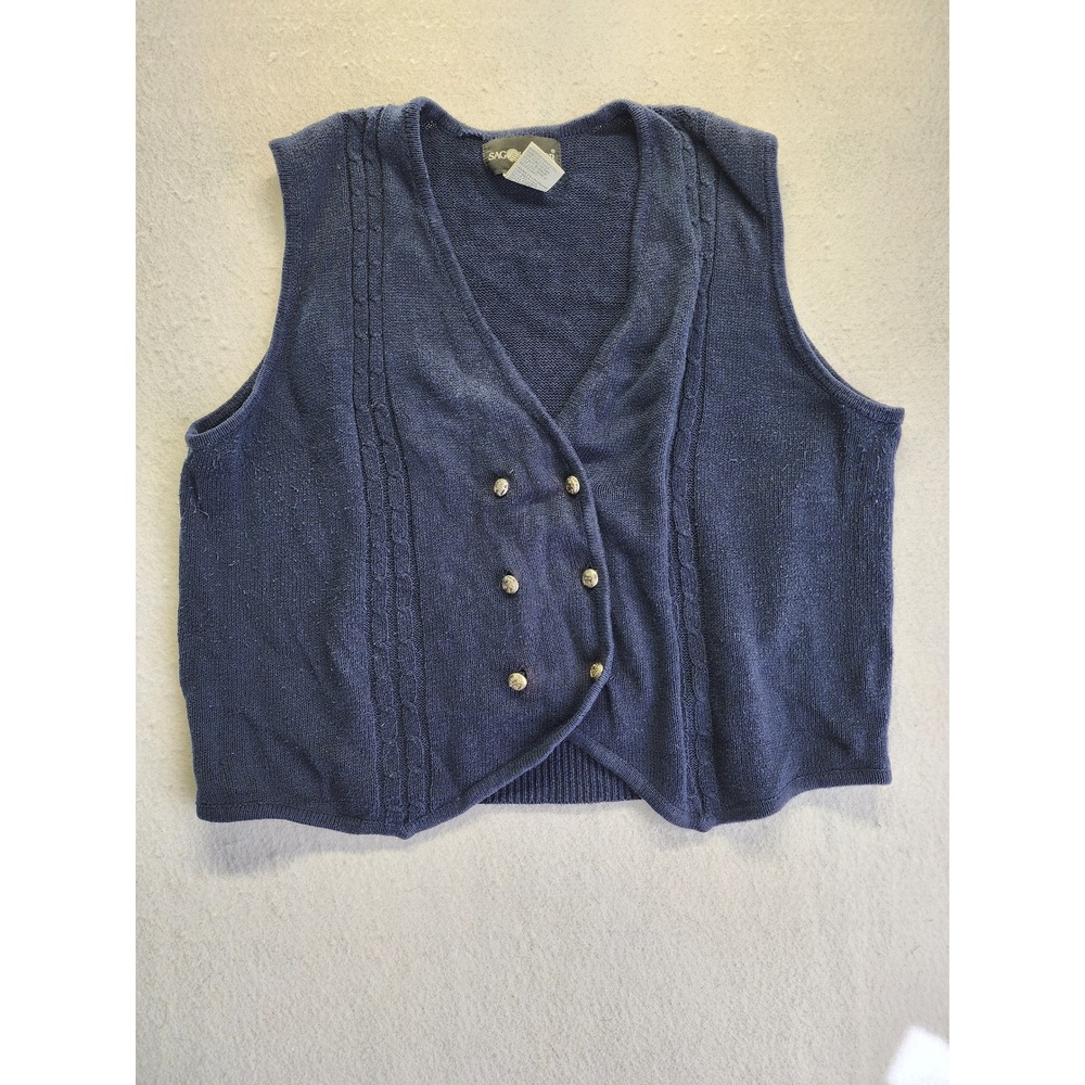 Sag Harbor Womens XL Navy Blue Ramie Cotton Knit Double Breasted Vest 8676 - Picture 7 of 7